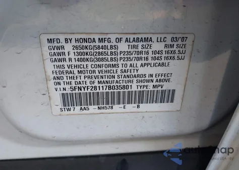 2007 Honda Pilot Lx from USA, damaged, VIN 5FNYF28117B035801